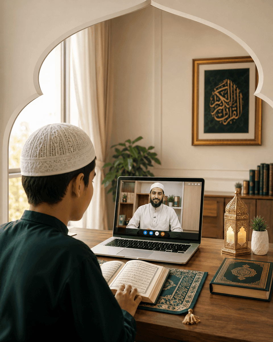 A student attending an online Quran lesson with a teacher visible on a laptop screen, inside an Islamic arch frame